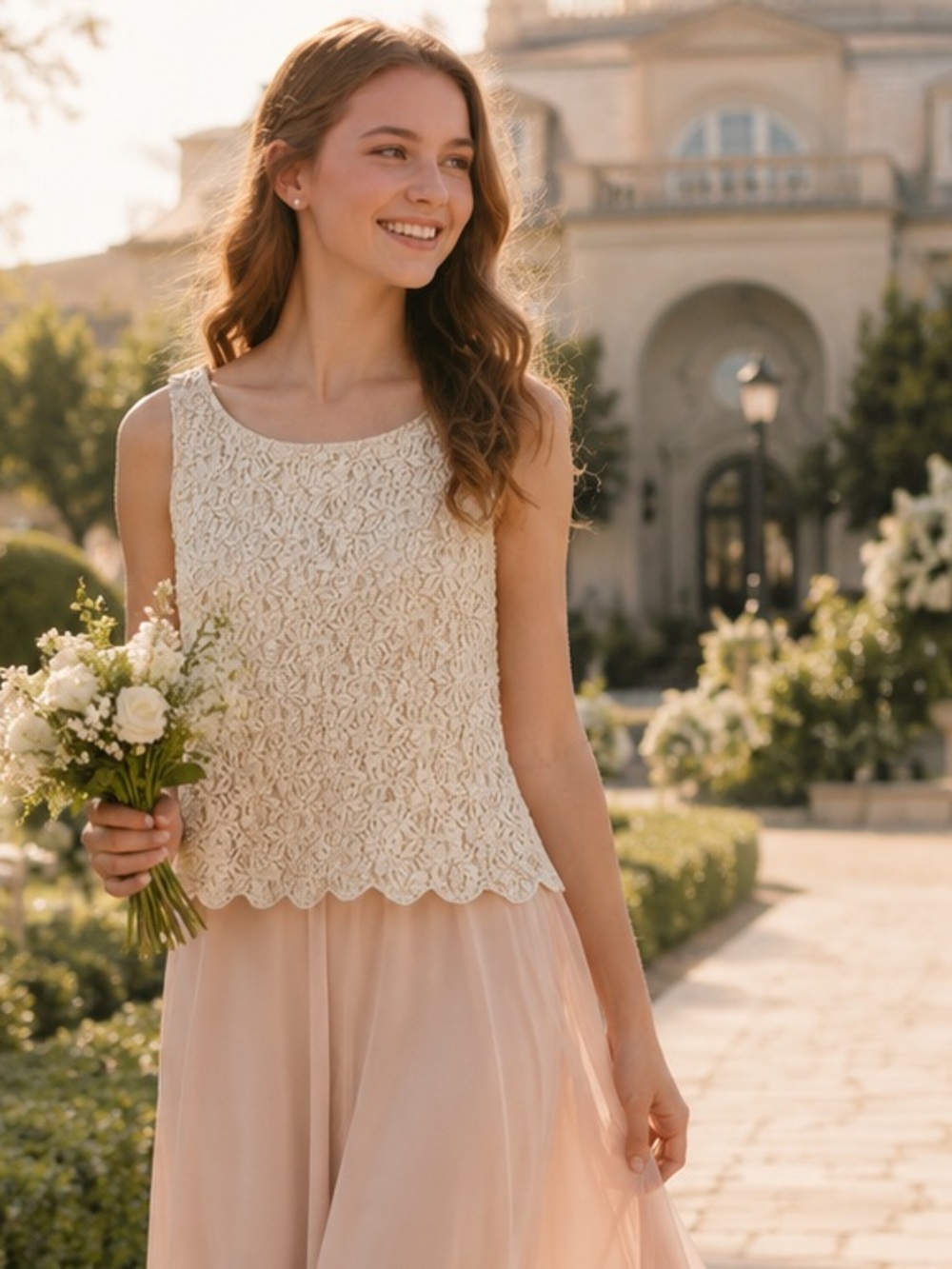 Polo Ralph Lauren Girls Ivory Lace Pearl Beaded Shell Top Scalloped Size 16